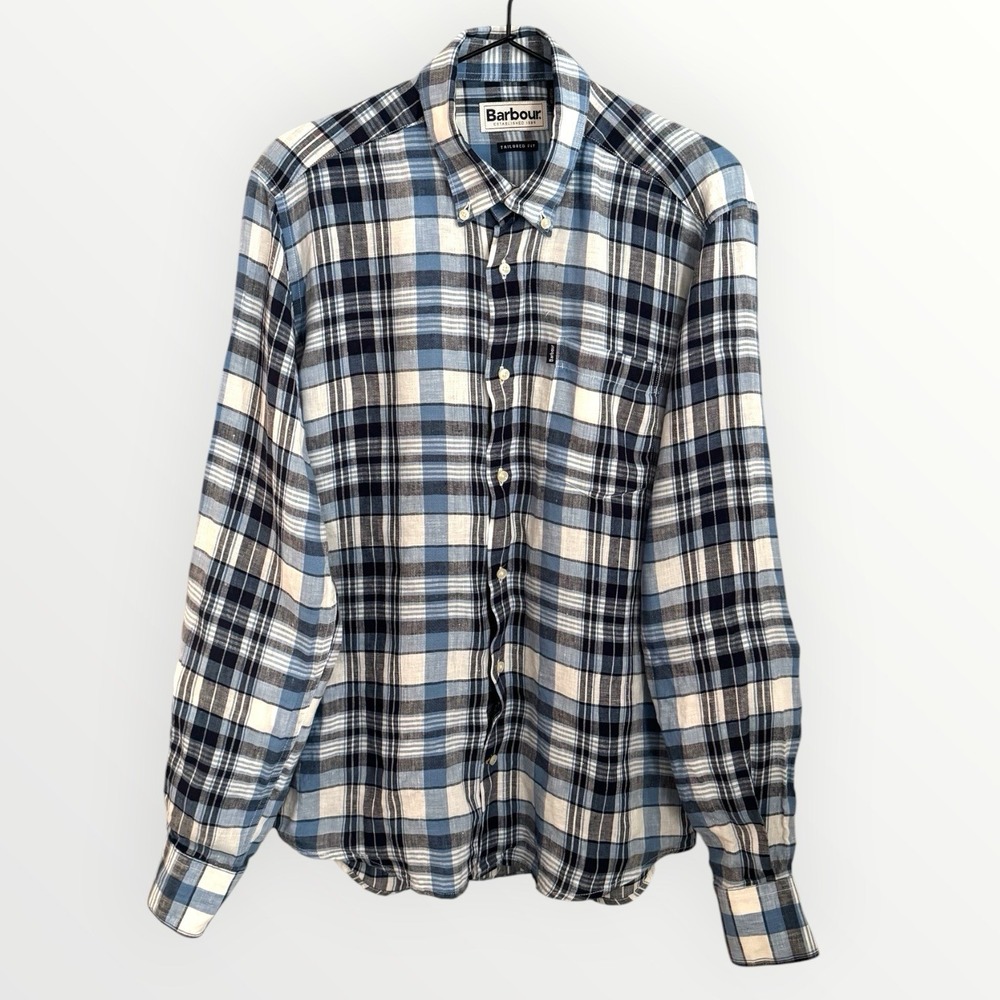 Barbour Button Down Shirt 100% Linen Men's Size Small Blue Plaid